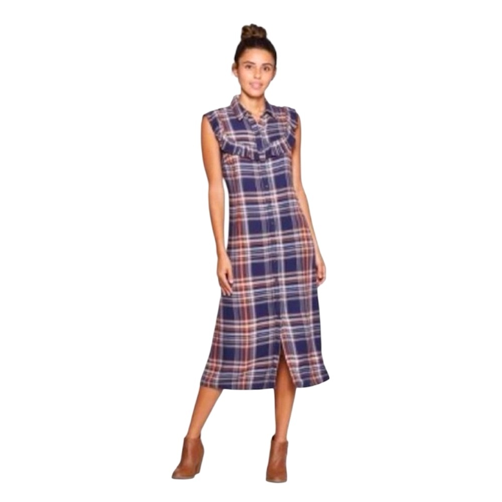 Plaid Sleeveless Ruffle Midi Dress